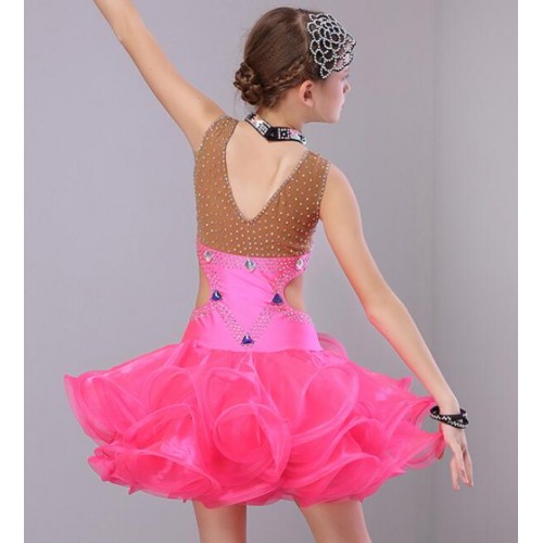 Girls competition latin dresses kids children mint orange violet stones professional stage performance salsa chacha rumba dancing dresses outfits